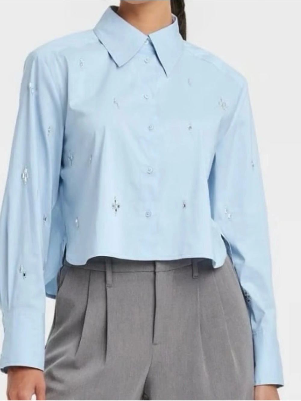 a new day Light Blue Cropped Button-Down Shirt with Subtle Embellishments